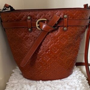 Patricia Nash Tan Embossed Leather Elanor Belted Bucket Crossbody